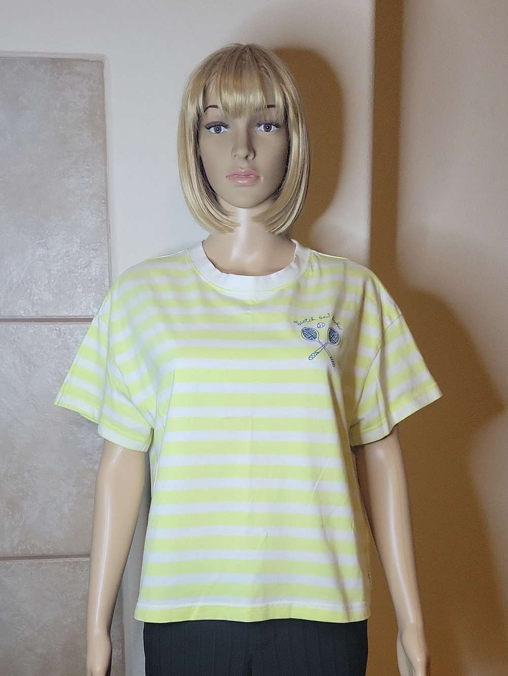 Scotch and Soda Striped Boxy Tee, White/Lime Green, M, EUC